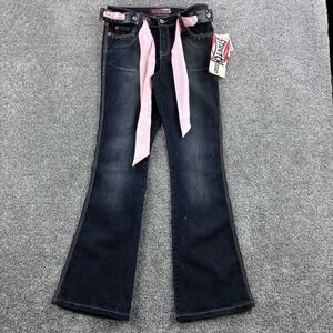 NEW Vintage Y2K Lazer Flare Jeans Women's 7 Black Ramie Cotton Studded Belted